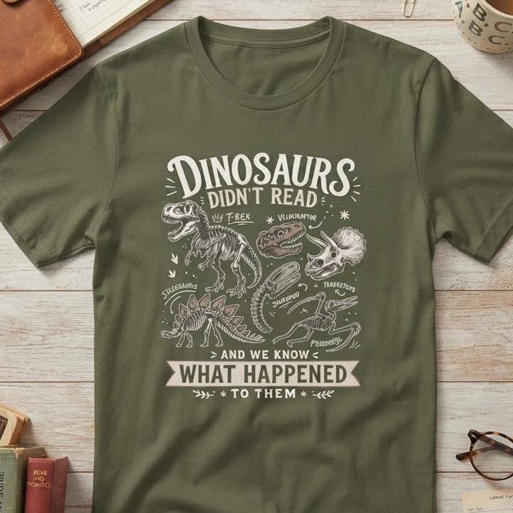 A military green graphic t-shirt laid flat on a light wood background, surrounded by books, a coffee mug, glasses, and paper. The t-shirt features a white graphic print that reads 'DINOSAURS DIDN'T READ' and 'AND WE KNOW WHAT HAPPENED TO THEM'.