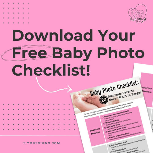 Promotional graphic for a free baby photo checklist with text and a pink background.