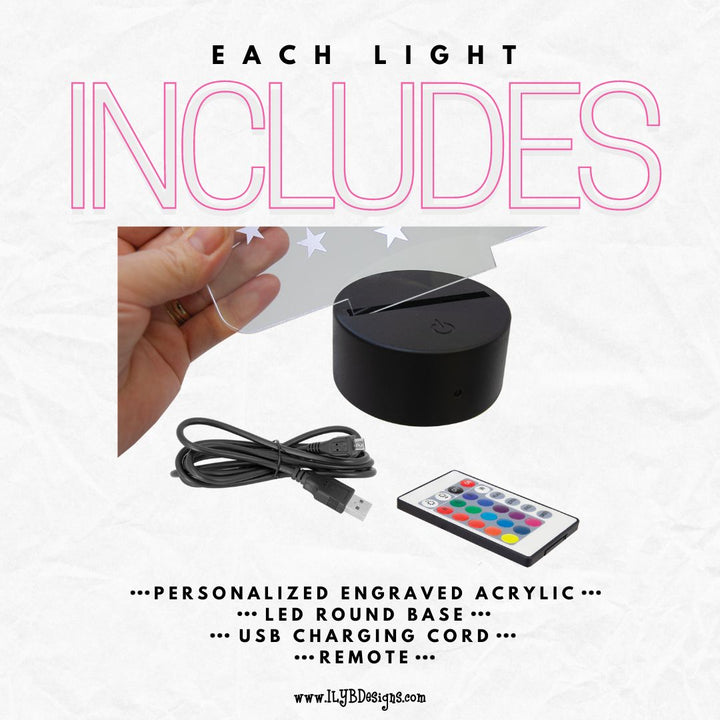 Graphic: Black LED round base with USB charging cord and remote control on a white background.