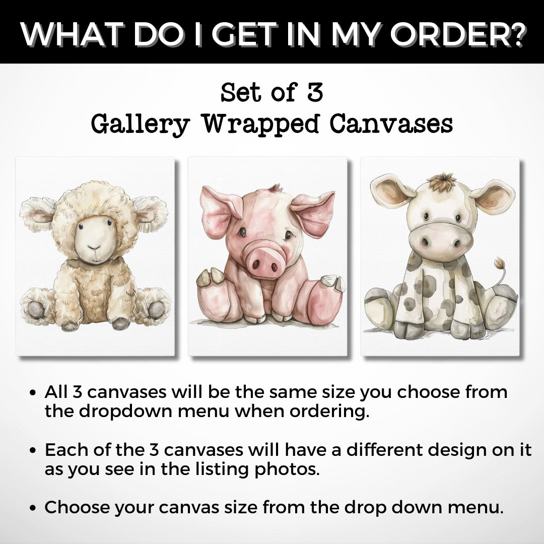 Farm Animals Nursery Wall Art | Set of 3 Canvas Gallery Wraps