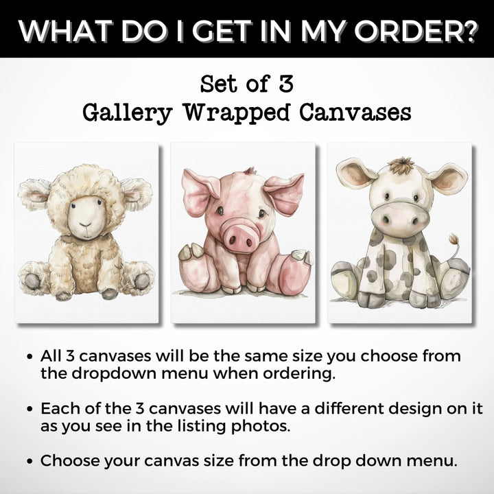Farm Animals Nursery Wall Art | Set of 3 Canvas Gallery Wraps