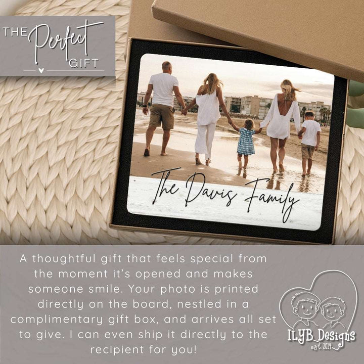 Personalized photo gift with family picture and text 'The Davis Family' on a textured surface.