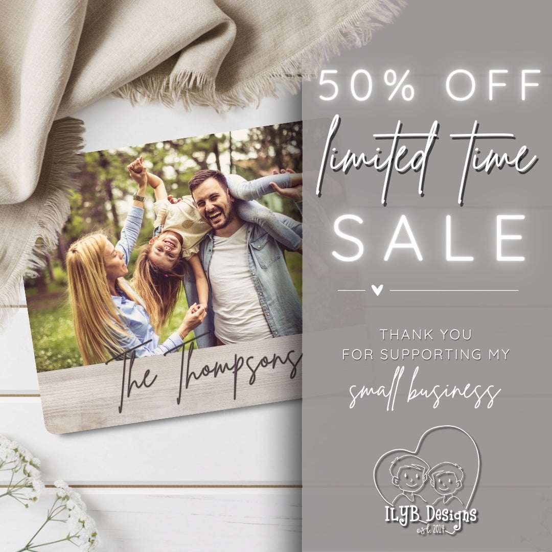 Promotional graphic with family photo and sale text on a light background