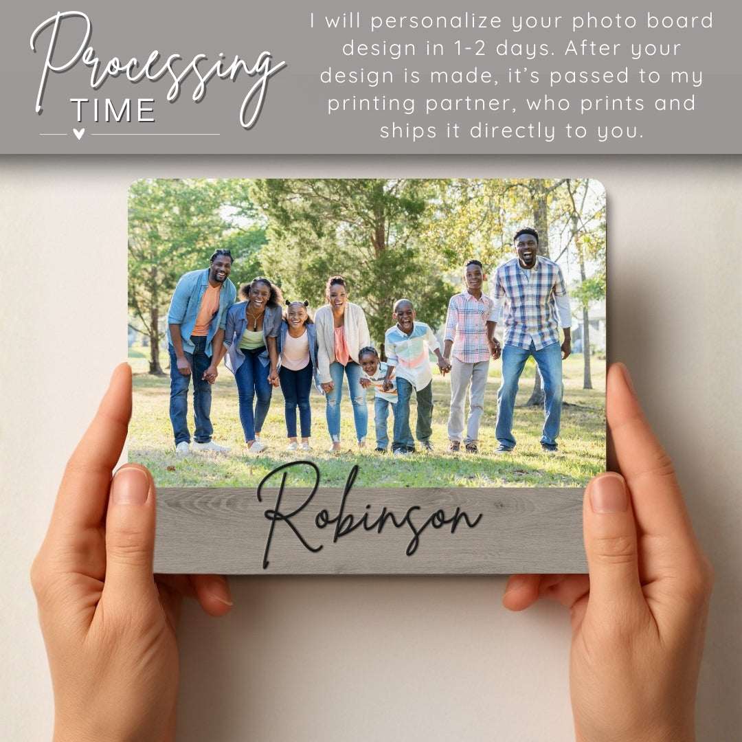 Personalized photo board with a family photo and 'Robinson' text, held by hands.