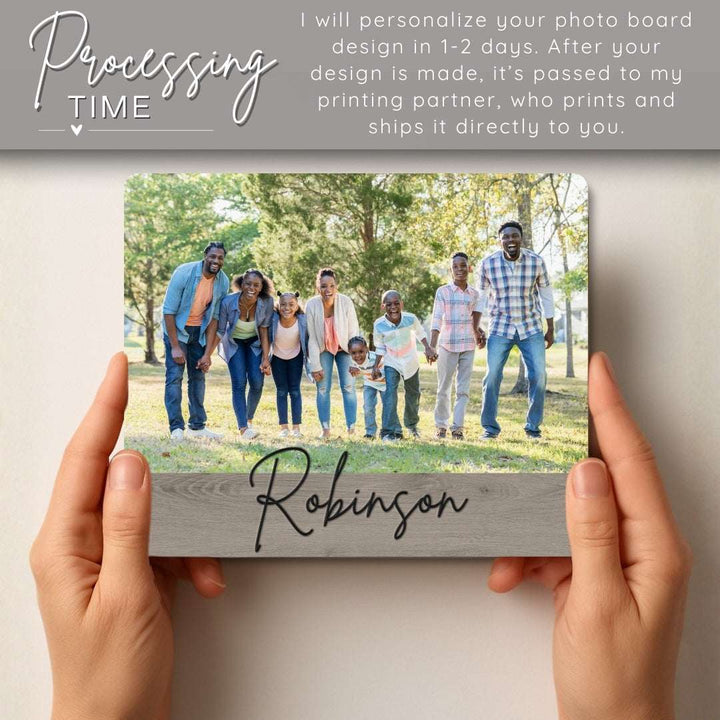 Personalized photo board with a family photo and 'Robinson' text, held by hands.