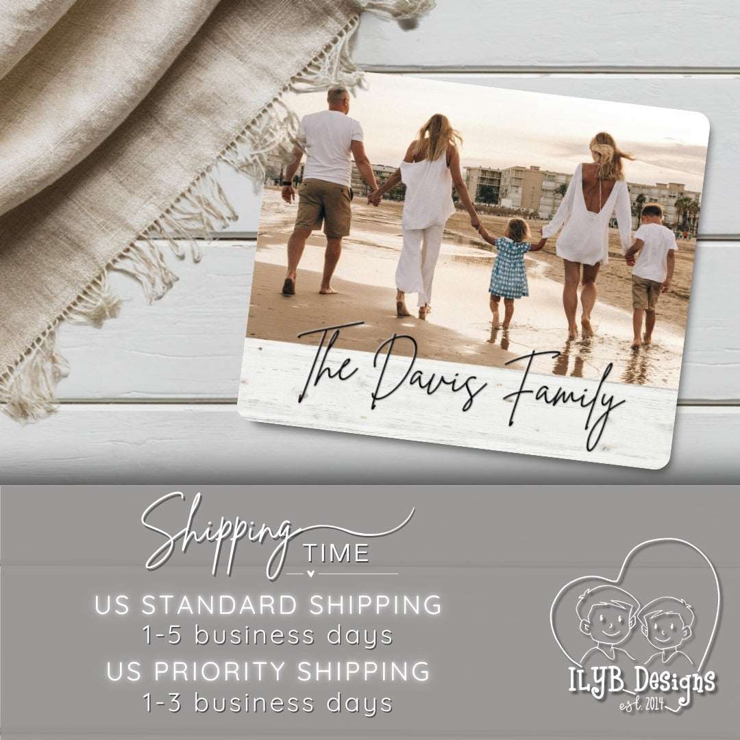 Family photo on a wooden surface with text about shipping options and a brand logo.