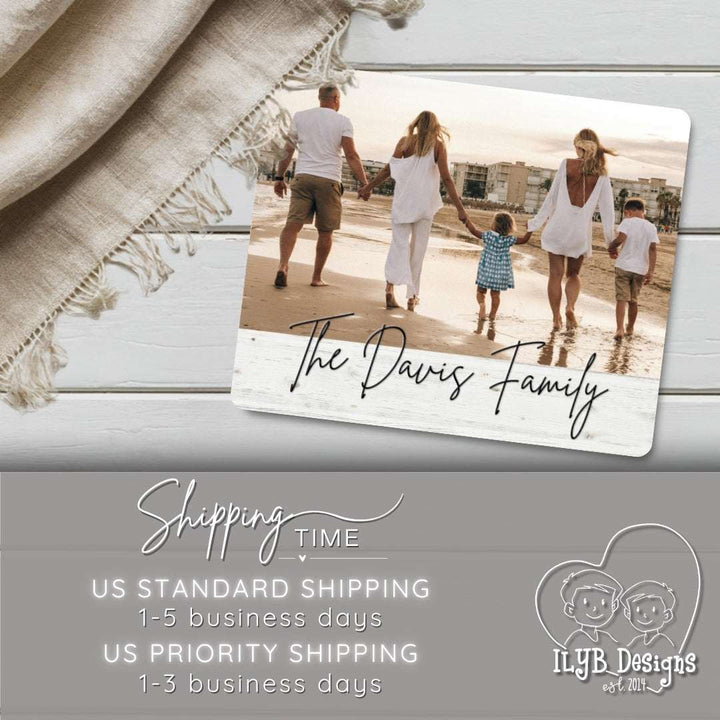 Family photo on a wooden surface with text about shipping options and a brand logo.