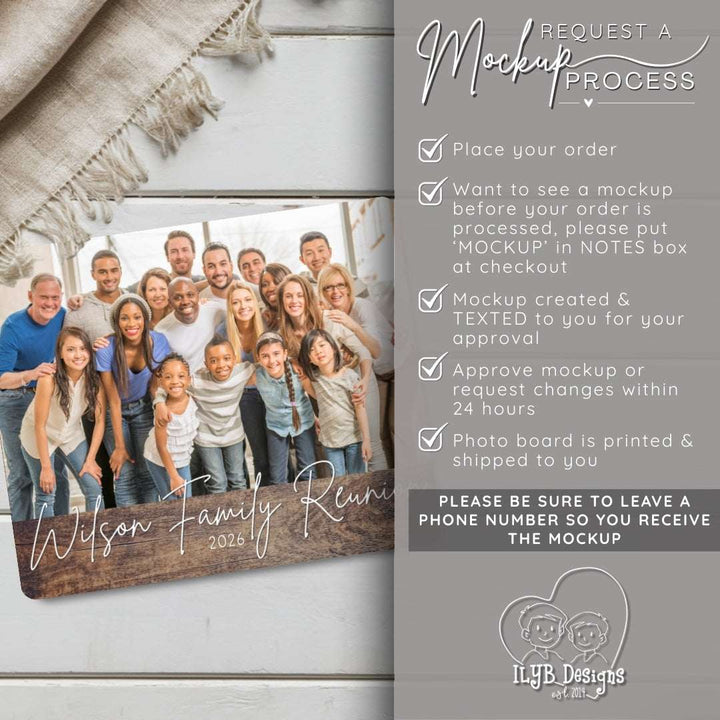 Family reunion photo board with text and family photo on a wooden surface