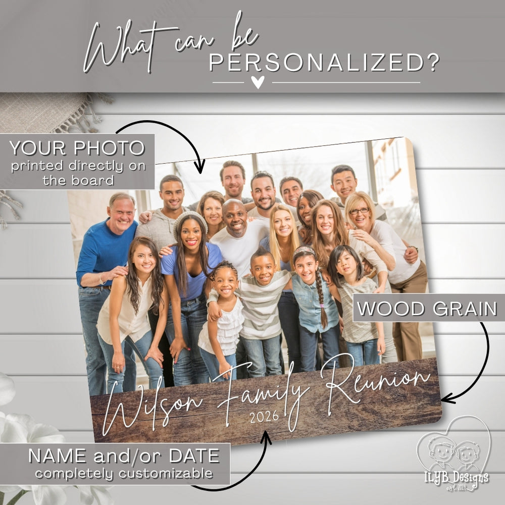 Family reunion photo board with customizable text on a wooden surface