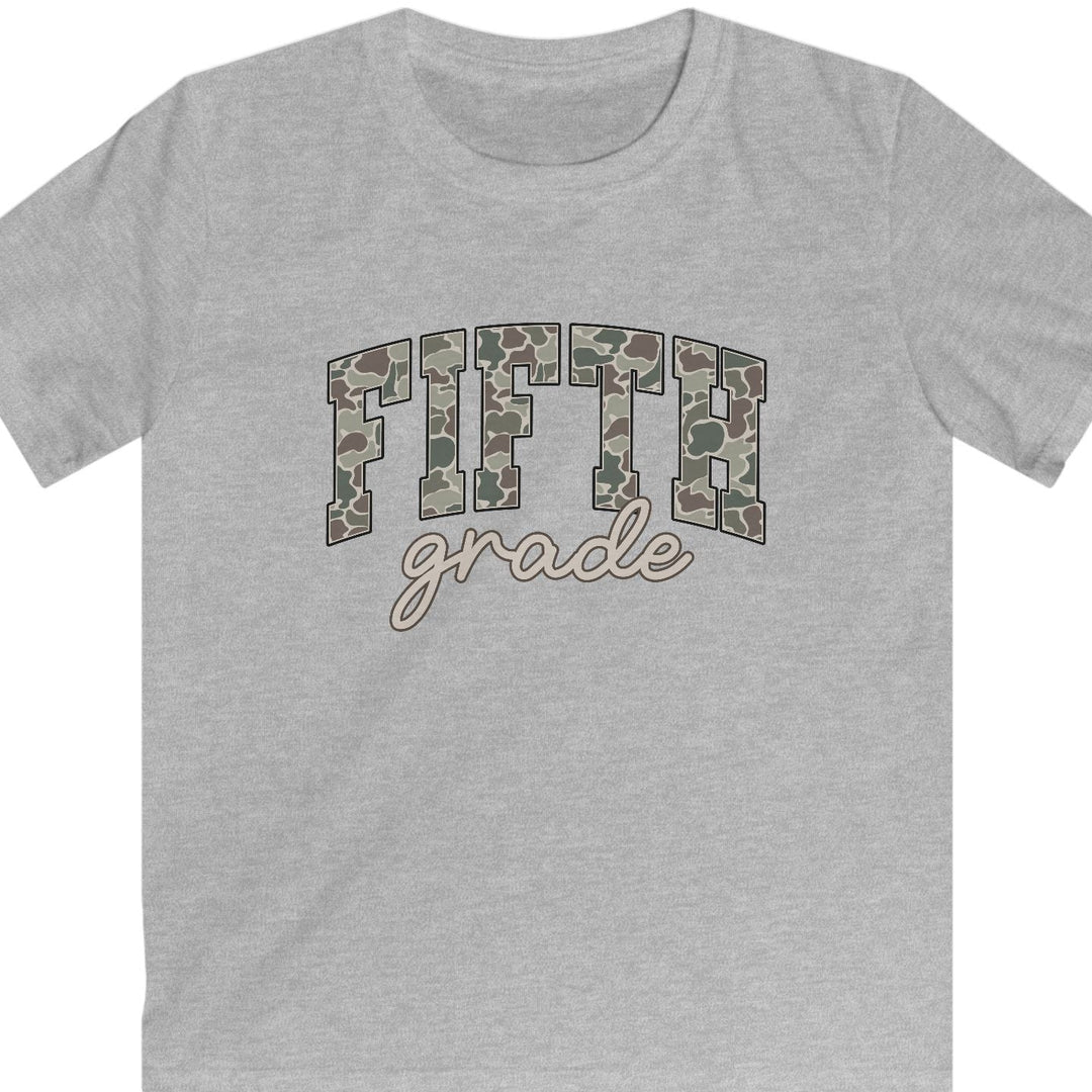 Heather gray t-shirt with 'fifth grade' text in camo on a white background