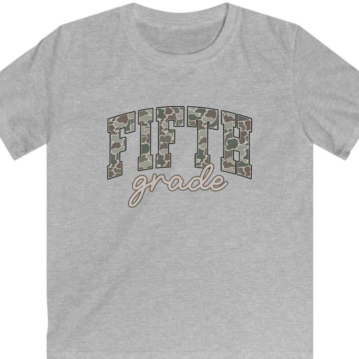 Heather gray t-shirt with 'fifth grade' text in camo on a white background
