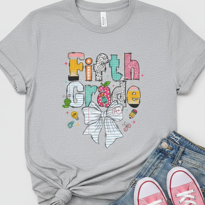 A light gray heather t-shirt with a colorful &