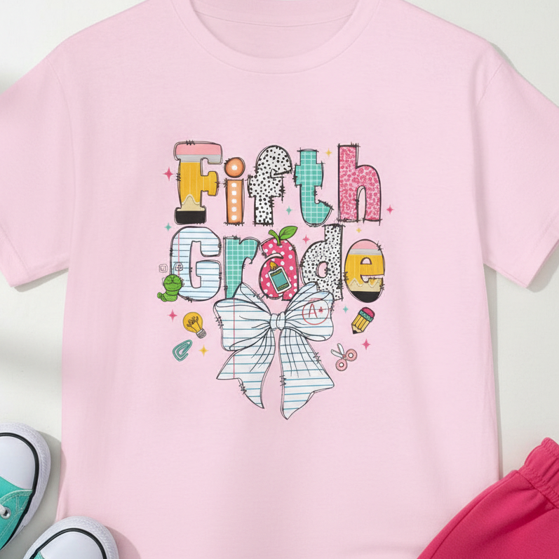 A light pink short-sleeve t-shirt with a colorful &