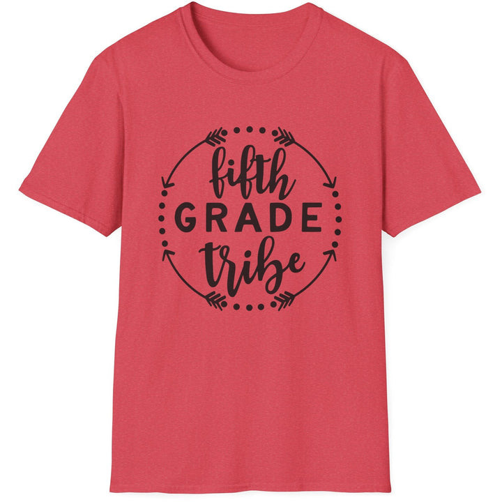 A coral pink short-sleeve crewneck t-shirt with a black graphic on the chest that reads 'fifth GRADE tribe' inside a circular arrow and dot frame, shown on a plain white background.