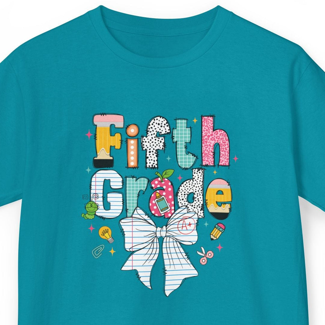 A teal short-sleeve t-shirt with a colorful &