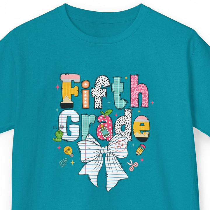A teal short-sleeve t-shirt with a colorful &