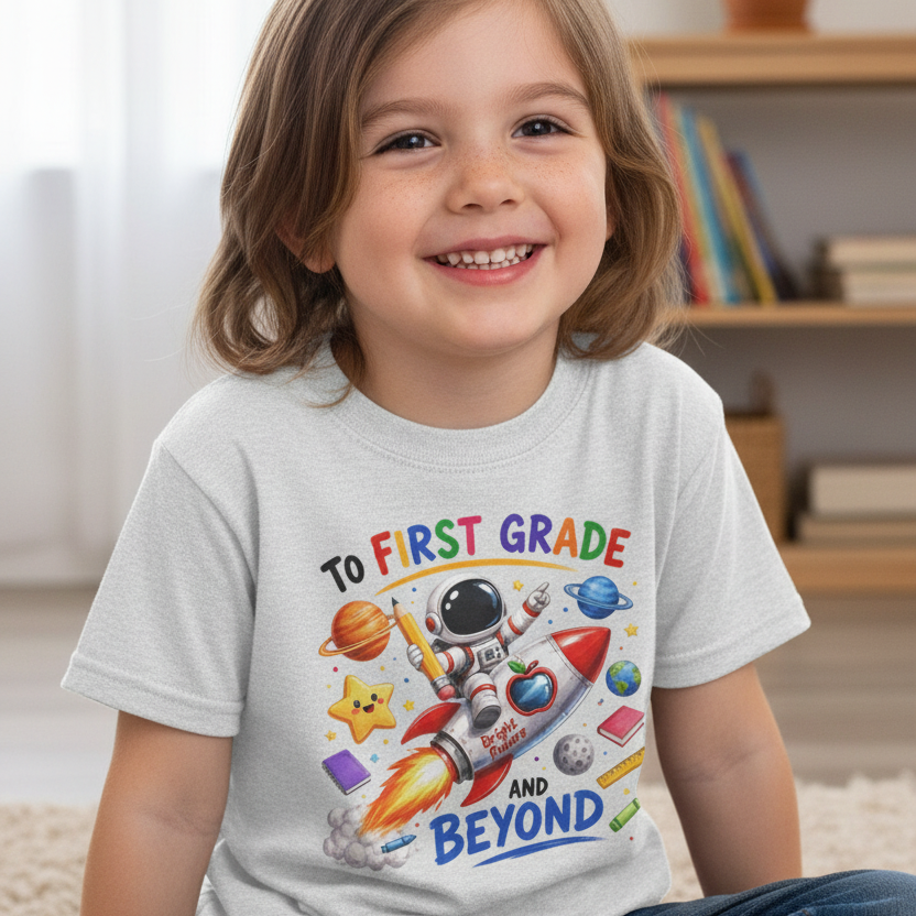 A smiling young child with light brown hair sits indoors wearing an ash colored  graphic T-shirt. The shirt features colorful space-themed artwork with an astronaut, rocket, planets, stars, and the text 'TO FIRST GRADE AND BEYOND'.