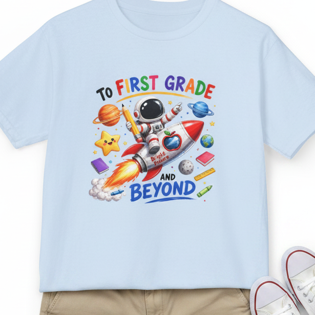 A light blue kids' t-shirt with a colorful space-themed graphic that reads 'TO FIRST GRADE AND BEYOND' around an astronaut and rocket. The shirt is styled with khaki pants and white sneakers, shown against a clean white background.