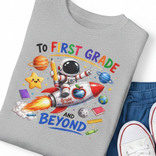 A folded heather gray t-shirt with a colorful space-themed first birthday graphic reading 'To First Grade and Beyond' around an astronaut, rocket, planets, stars, and school supplies. The shirt is styled flat-lay next to blue shorts and white sneakers on a white background.