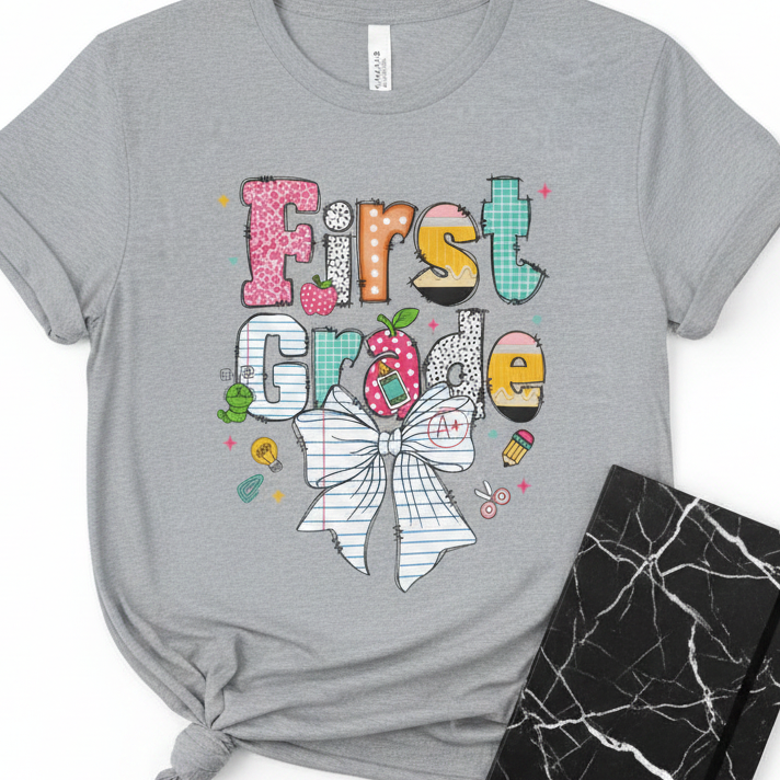 A heather gray short-sleeve t-shirt with a colorful 'First Grade' graphic featuring a striped bow, apple, and school supplies, styled flat-lay on a white background with a black marble prop.