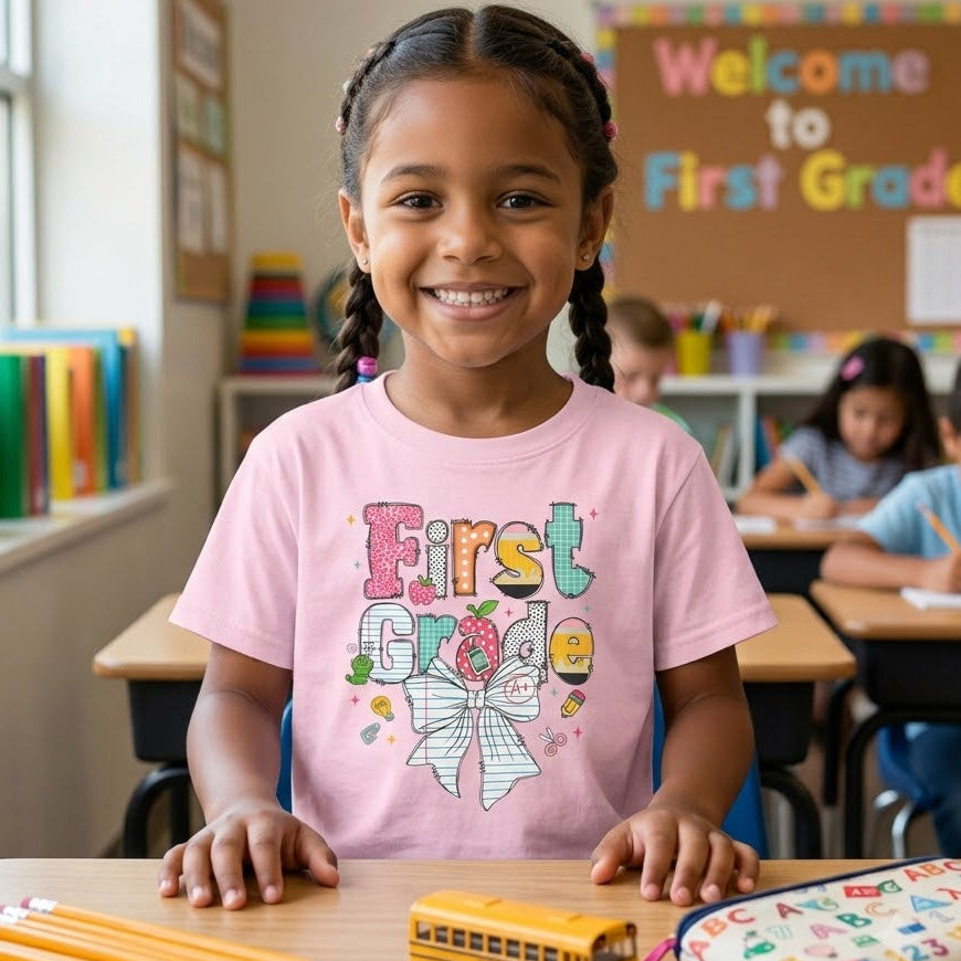 A young girl with braided hair sits at a desk in a classroom, wearing a pink graphic T-shirt that says 'First Grade' with school supplies. Yellow pencils, a toy school bus, and a patterned pencil pouch are on the desk in front of her, with other children and a 'Welcome to First Grade' sign in the background.