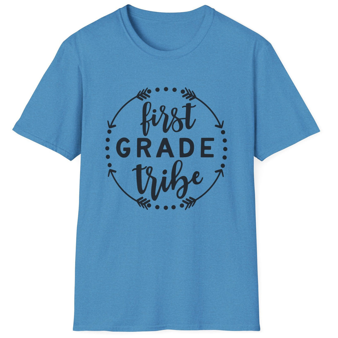 Blue t-shirt with 'first grade tribe' text and arrow on a white background