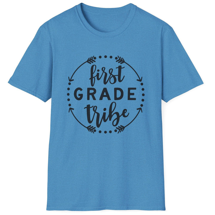 Blue t-shirt with 'first grade tribe' text and arrow on a white background
