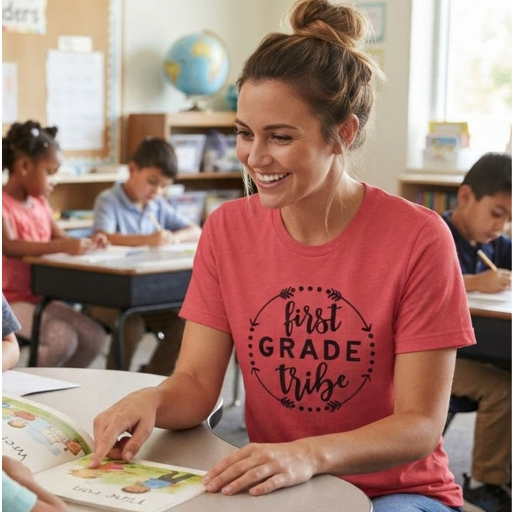 A smiling woman in a classroom wearing a heather red graphic t-shirt that reads 'first GRADE tribe' in black. She is seated at a desk with children in the background.