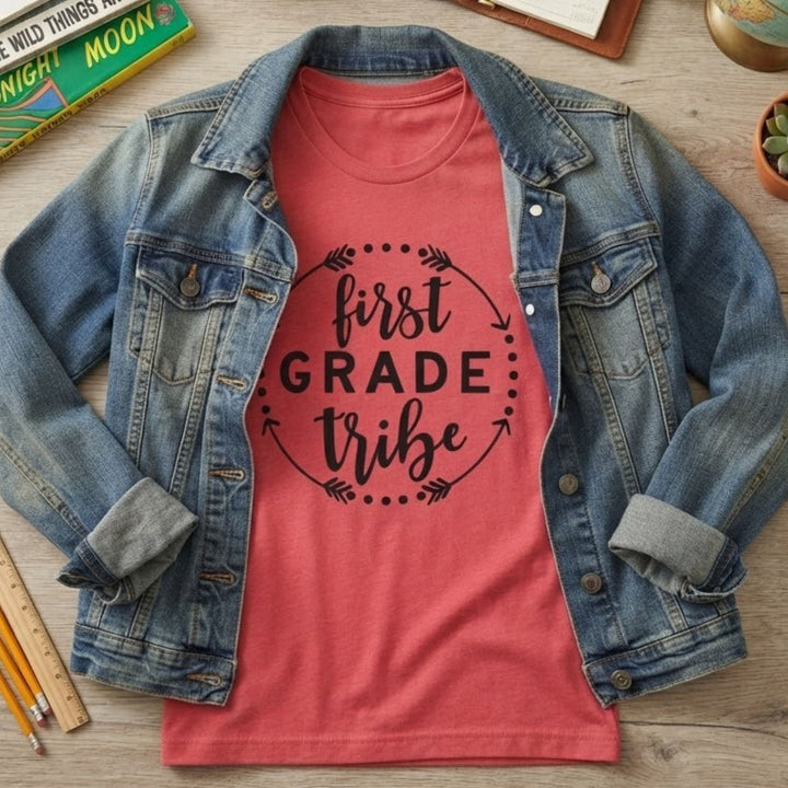A heather red graphic T-shirt with a black 'first grade tribe' design, layered under an open blue denim jacket on a light wood tabletop with school-themed props.