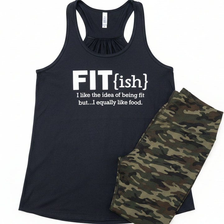 A black racerback tank top with a white graphic text reading &