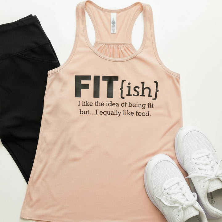 A peach-colored athletic tank top with a racerback design and printed text that says &