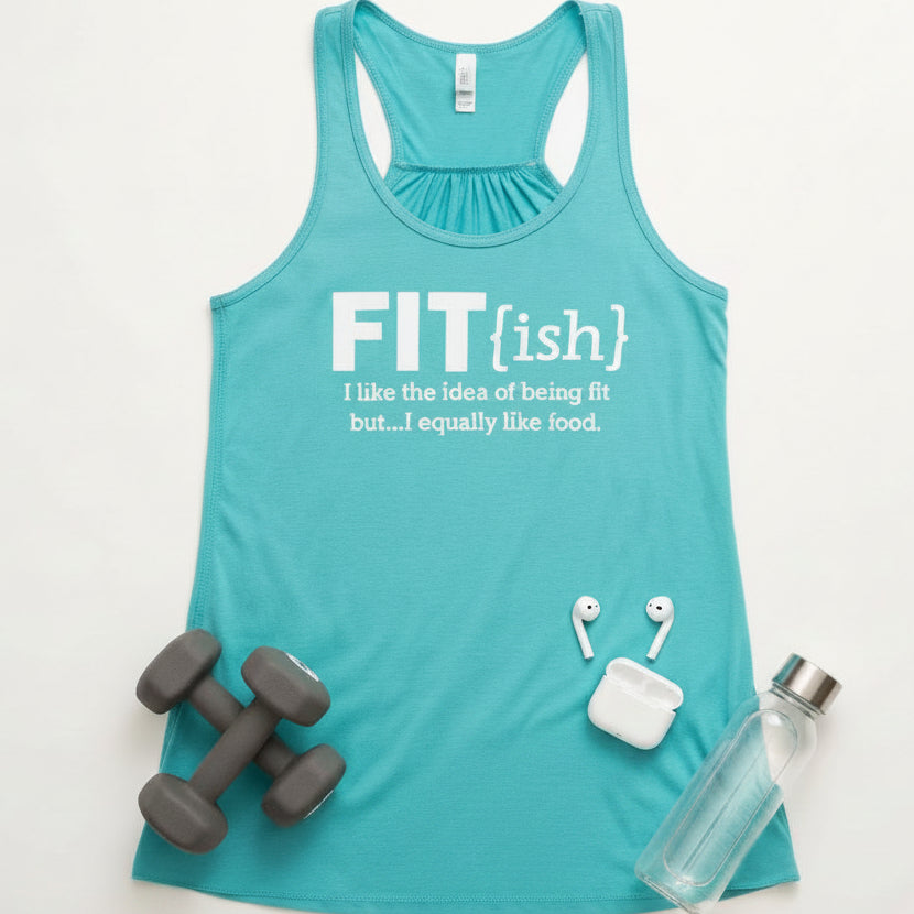 A teal athletic tank top with a white graphic text print reading &