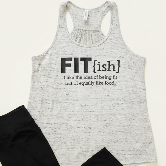 A white marble racerback tank top with a black graphic text print reading &