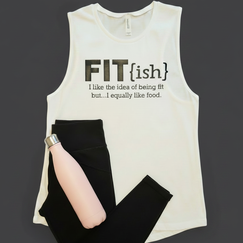 A white sleeveless tank top with the text &