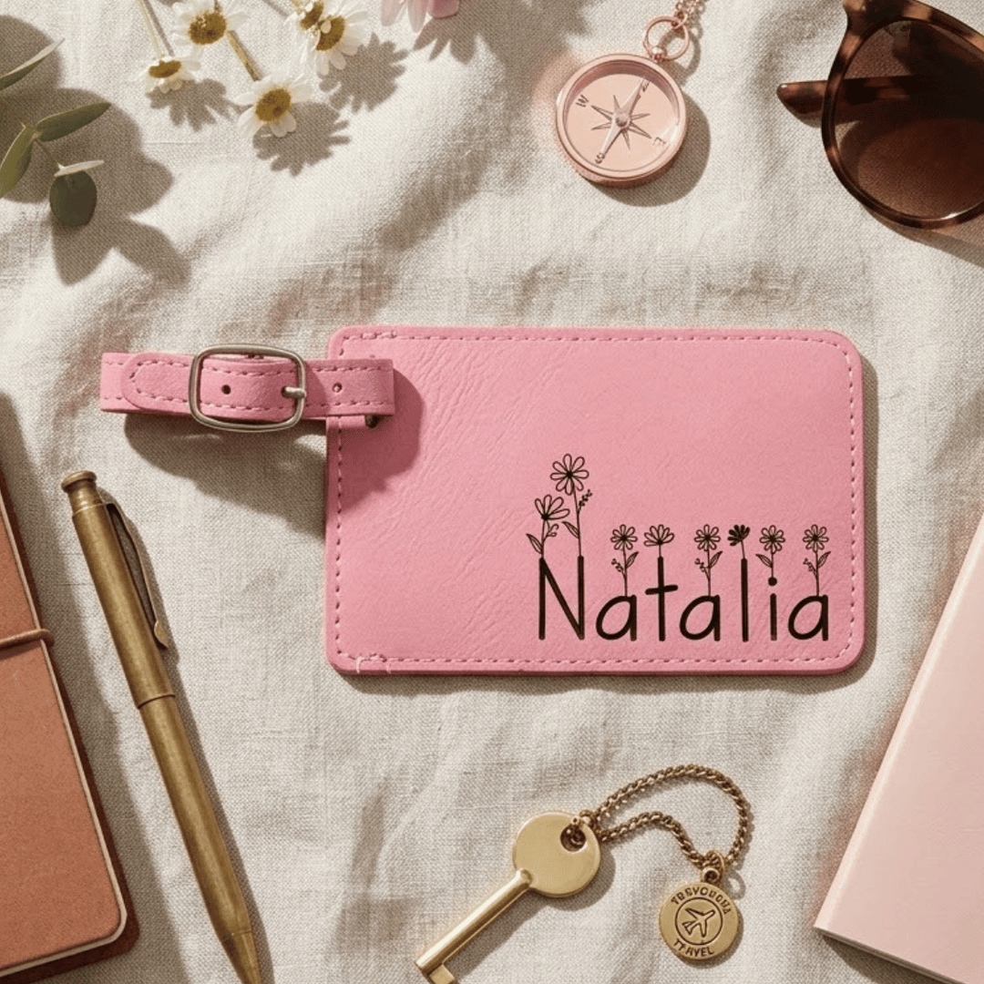 Pink luggage tag with 'Natalia' and floral design engraved in black on tag laying on a light fabric background with accessories.