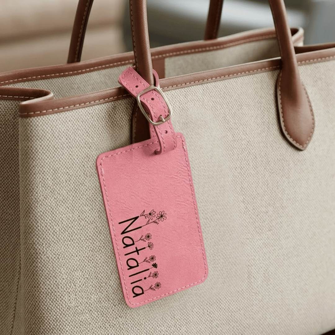 Beige handbag with a pink luggage tag featuring the name 'Natalia' engraved in black with floral accents on tops of letters.
