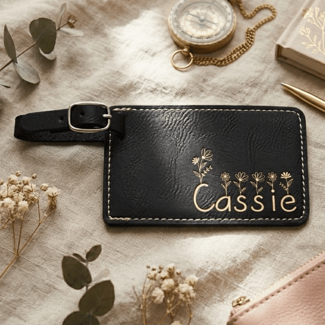 Black leather luggage tag with 'Cassie' engraved in metallic gold on it, placed on a textured surface with decorative elements.