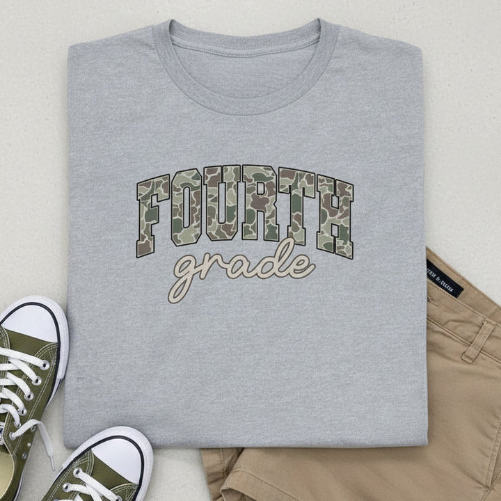 Heather gray t-shirt with 'fourth grade' text in camo on a white background