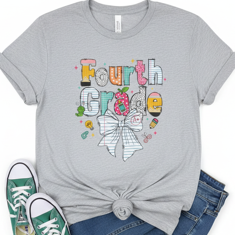 A heather gray graphic T-shirt laid flat with a knot at the hem, styled with blue jeans and green sneakers on a white background. The shirt features a colorful 'Fourth Grade' school-themed graphic with an apple, bow, and small doodles.