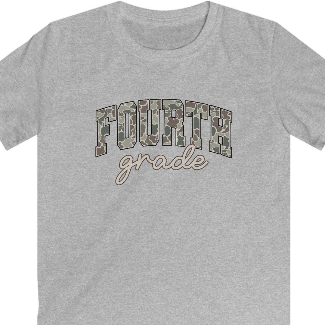 Gray t-shirt with 'fourth grade' text in camo on a white background