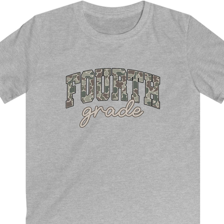 Gray t-shirt with 'fourth grade' text in camo on a white background
