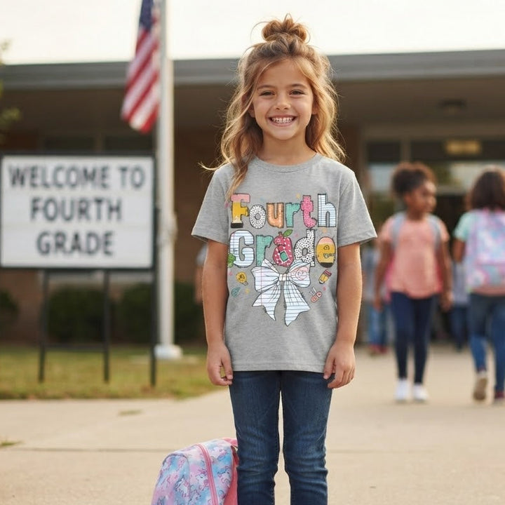 A young girl stands on a school sidewalk wearing a gray graphic T-shirt that says 'Fourth Grade' with a bow and smiley faces, blue jeans, and a pink backpack beside her. Children and a school building are blurred in the background.
