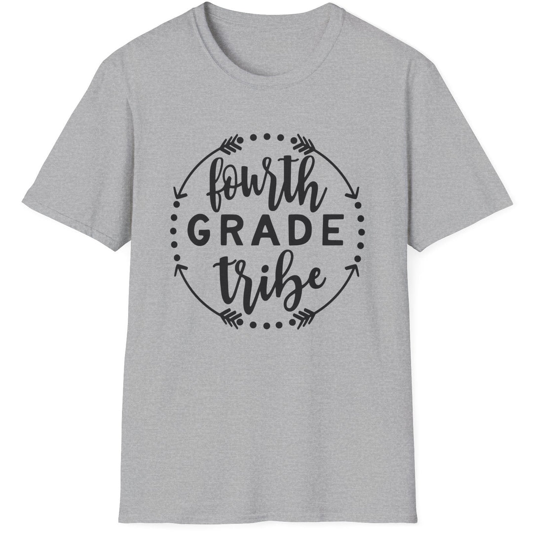 Gray t-shirt with 'fourth grade tribe' text on a white background