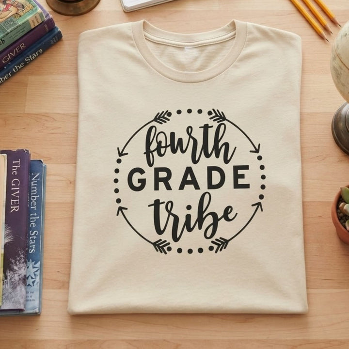 A folded cream-colored t-shirt with a black graphic reading 'fourth grade tribe' inside a dotted and arrow circle, displayed on a light wood desk surrounded by school and reading props.