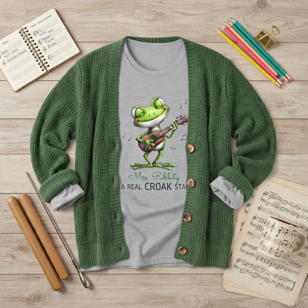 A green knit cardigan sweater laid flat on a light wood surface, worn open over a light gray T-shirt featuring a cartoon frog playing a guitar with the text 'Mr. Ribbity, A REAL CROAK STAR'.