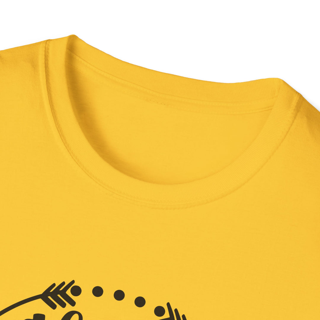 Close-up of a bright yellow crewneck t-shirt showing the inner collar and a partial black graphic print at the bottom.