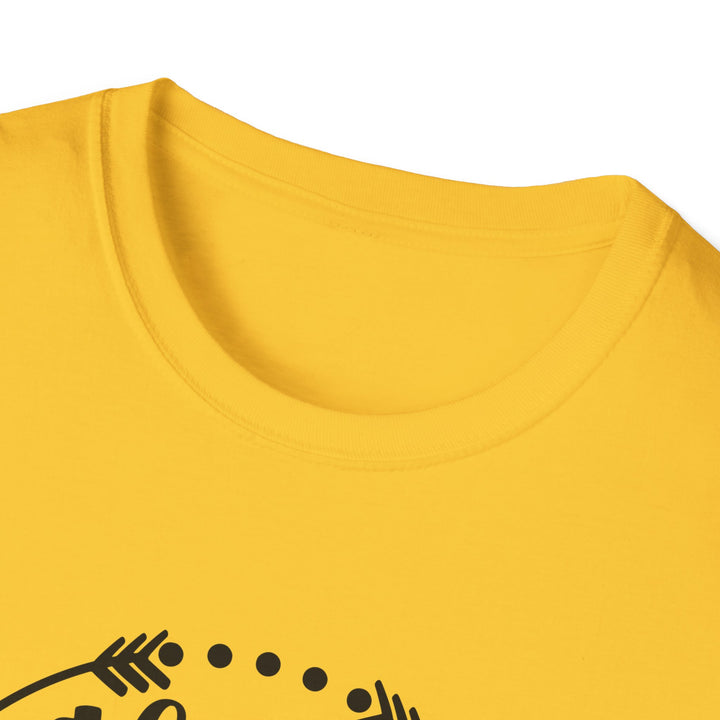 Close-up of a bright yellow crewneck t-shirt showing the inner collar and a partial black graphic print at the bottom.