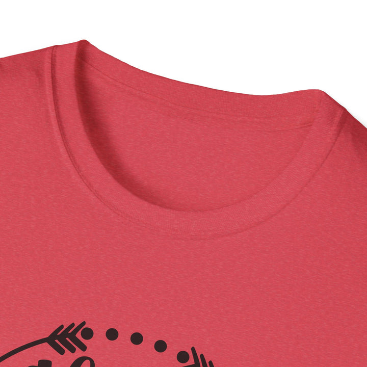 Close-up of a red crew-neck t-shirt showing the inner collar and a partial black graphic print at the bottom.