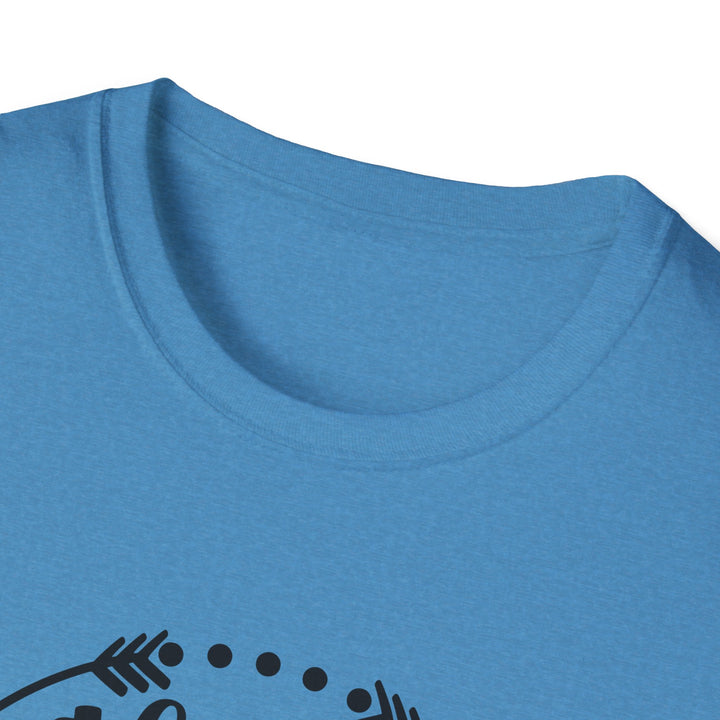 Close-up of a blue crew-neck t-shirt showing the collar and the top of a black graphic print on a white background.