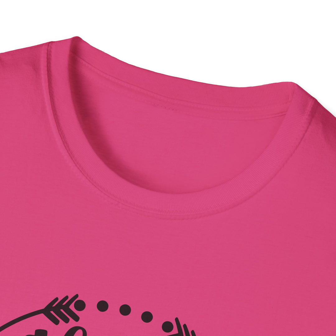 Close-up of a bright pink crewneck t-shirt with a black graphic design partially visible at the bottom.